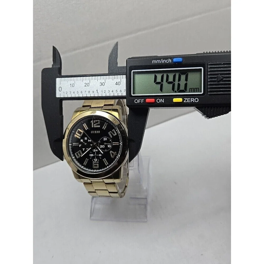 Mens Guess Steel Gold Tone 44mm Day Date Watch 100M Quartz New Battery Classic